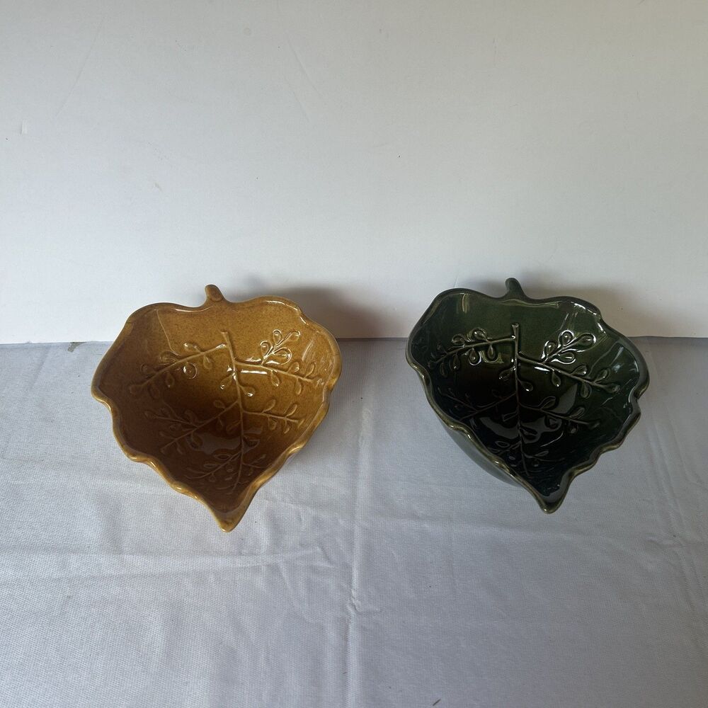 Pier 1 Imports Ceramic Leaf Bowls Set of 2 Fall Autumn Decor Green Amber Gold